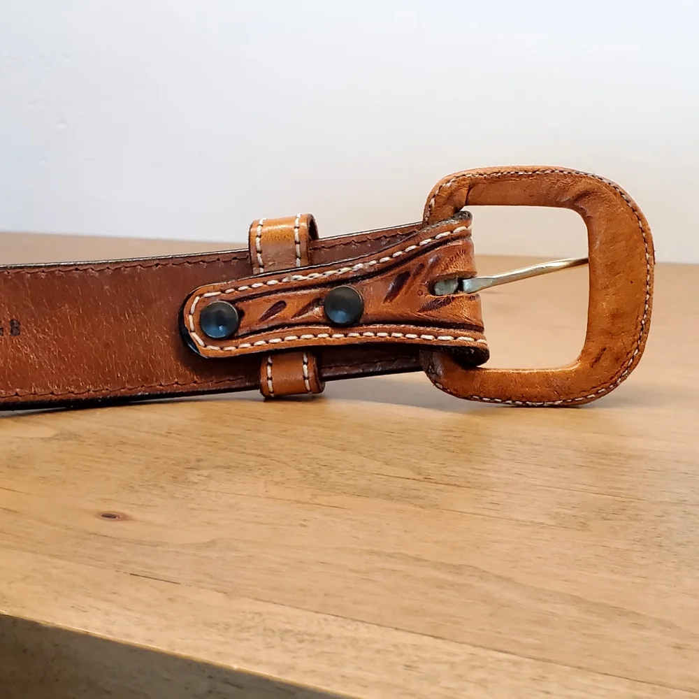 Vogt Russet Brown Hand Tooled Acorn/Leaf Leather Belt, 48